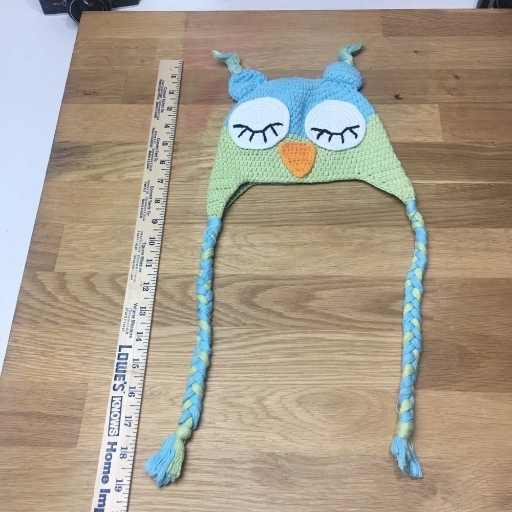 Handmade Kids Crochet Sleepy Owl Earflap Hat Blue Green Braided Tassels